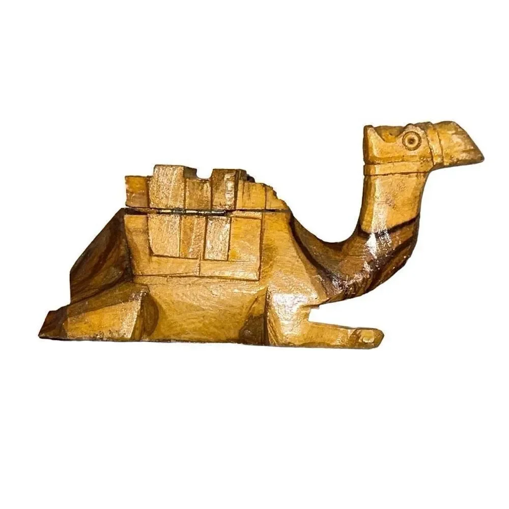Camel Figurine From Egypt hand carved olive wood trinket box vintage wooden